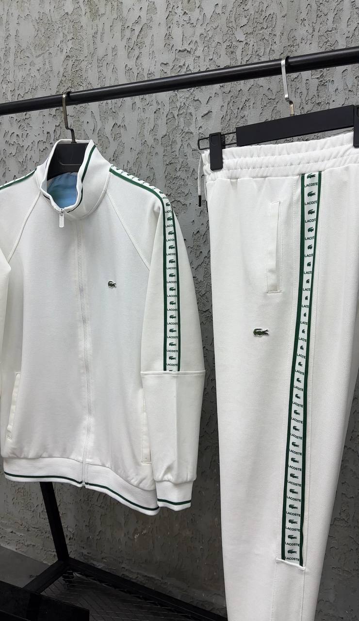 Męski Dres Lacoste Style Biały – Bluza na Zamek + Spodnie