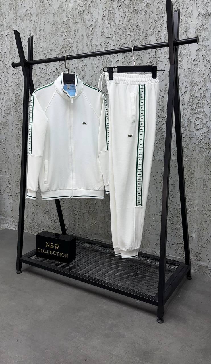 Męski Dres Lacoste Style Biały – Bluza na Zamek + Spodnie