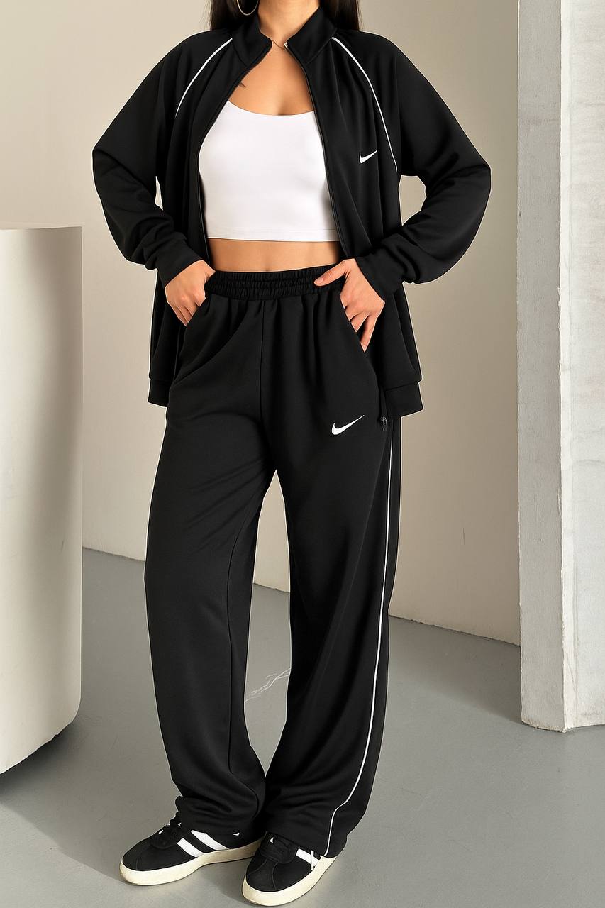 Damski Dres Czarny Nike Style – Bluza na Zamek + Luźne Spodnie
