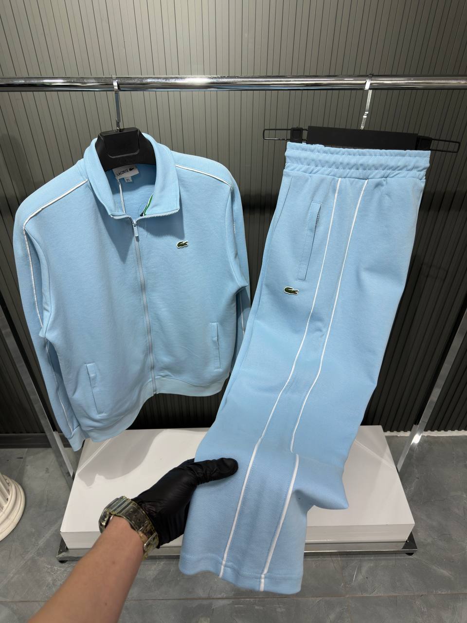 Męski Dres Lacoste Style Jasnoniebieski – Bluza na Zamek + Spodnie