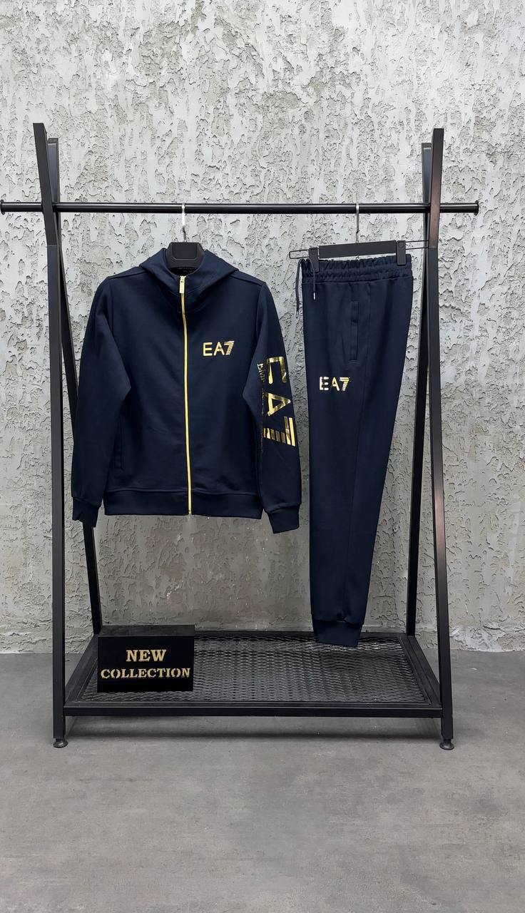 Męski Dres EA7 Style Granatowy – Bluza na Zamek + Spodnie