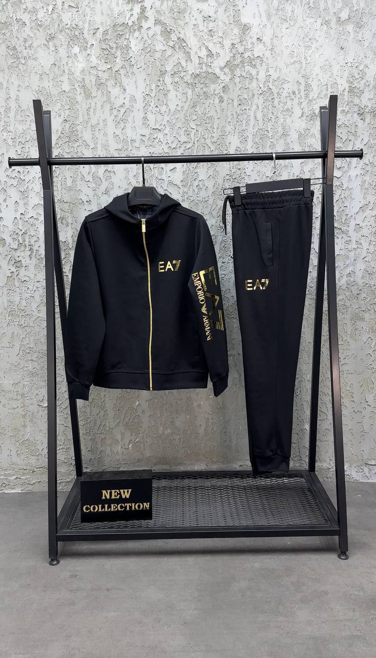 Męski Dres EA7 Style Czarny – Bluza na Zamek + Spodnie
