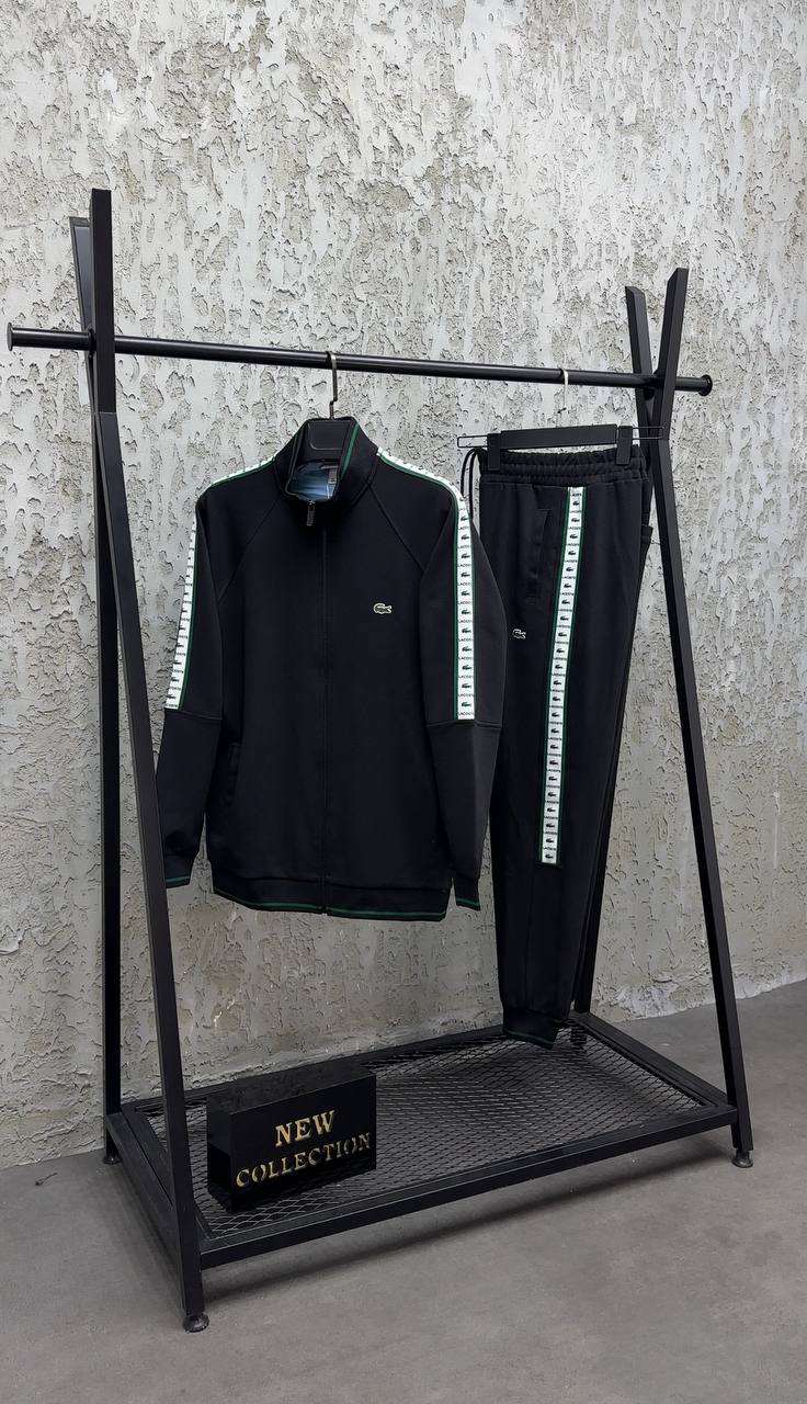 Męski Dres Lacoste Style Czarny – Bluza na Zamek + Spodnie z Zieloną Taśmą Logo