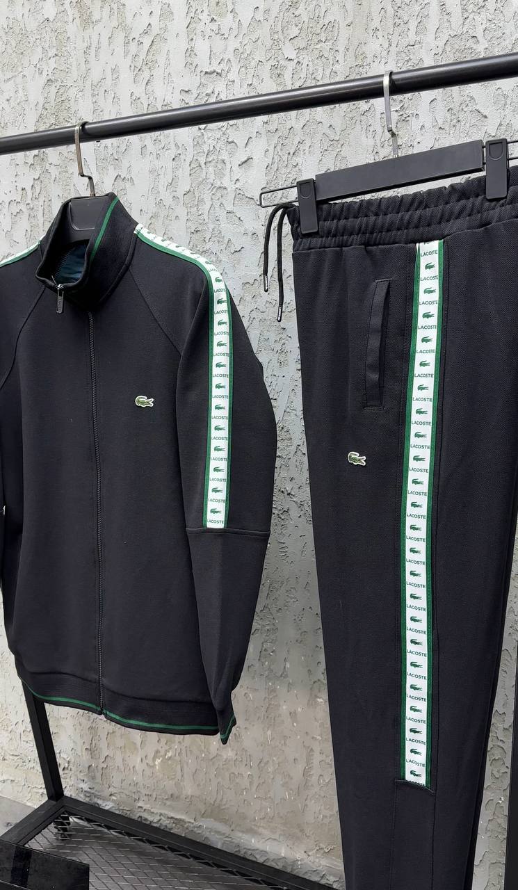 Męski Dres Lacoste Style Czarny – Bluza na Zamek + Spodnie z Zieloną Taśmą Logo