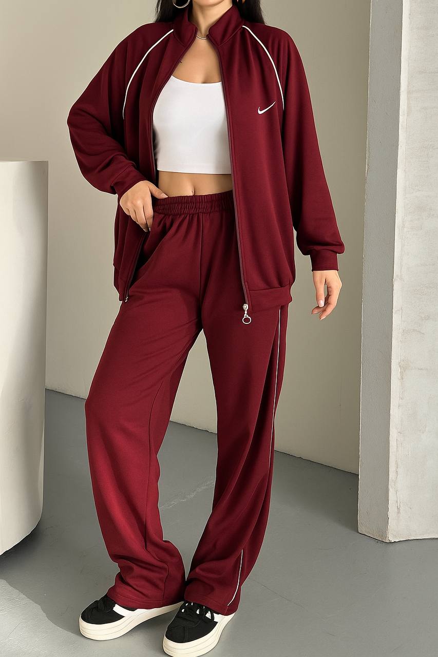 Damski Dres Bordowy Nike Style – Bluza na Zamek + Luźne Spodnie